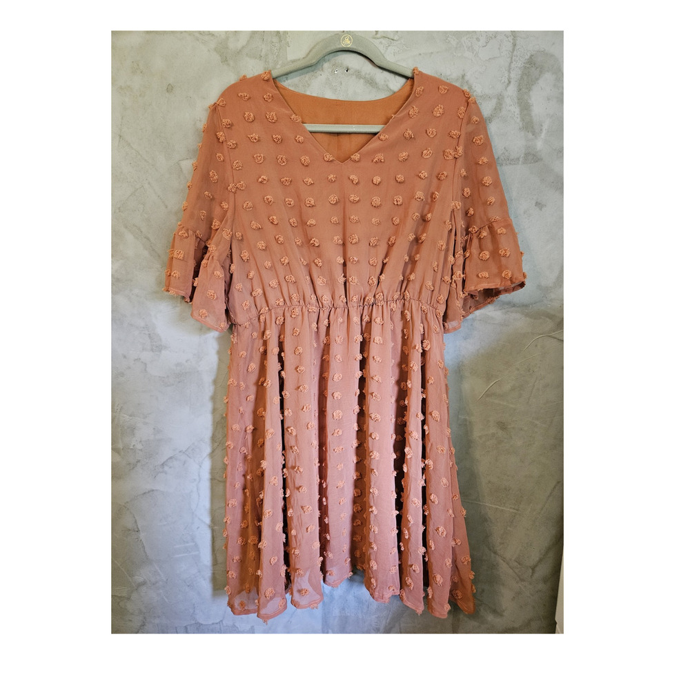 Brown/Orange Polka Dot Mesh Textured Ruffle Sleeve V-Neck Knee Length Dress XL